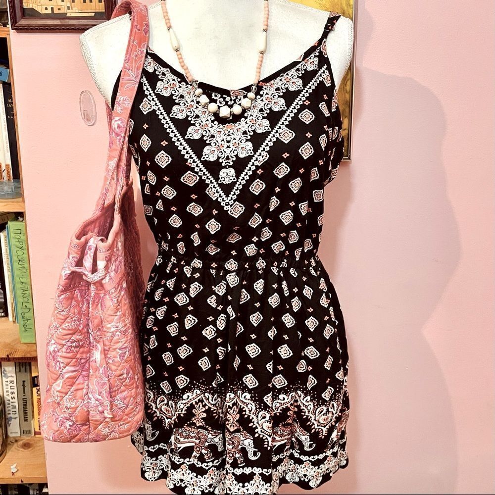 Angie Black Coral White Elephant Print Spaghetti Strap Open Back Romper